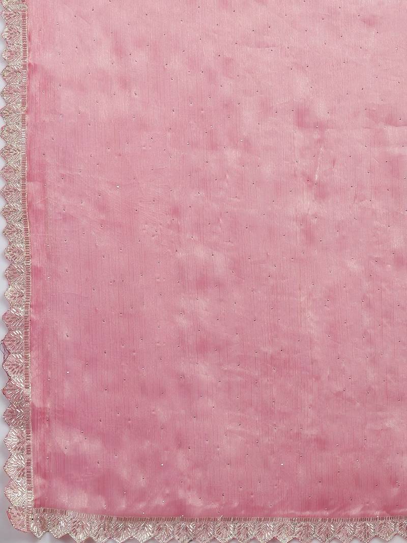 Pink ethnic motifs beads and stones  chiffon saree