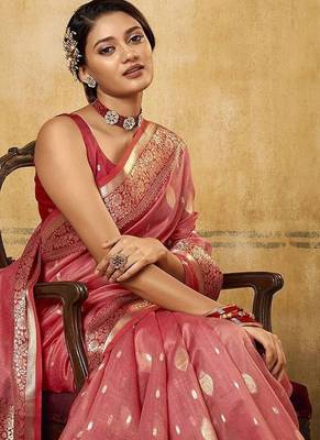 Pink ethnic motifs woven design zari banarasi saree 1