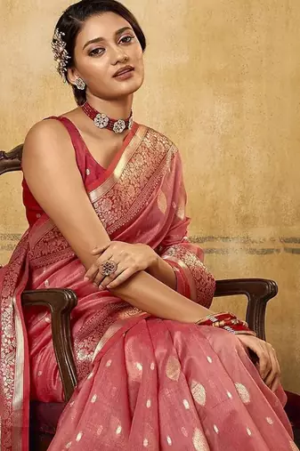 Pink ethnic motifs woven design zari banarasi saree