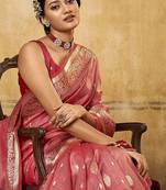 Pink ethnic motifs woven design zari banarasi saree