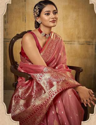 Pink ethnic motifs woven design zari banarasi saree 2