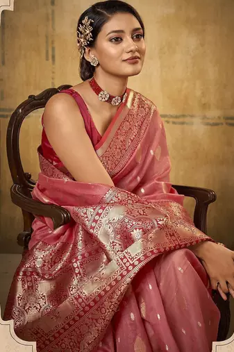 Pink ethnic motifs woven design zari banarasi saree