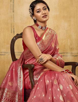 Pink ethnic motifs woven design zari banarasi saree 3