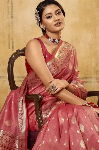 Pink ethnic motifs woven design zari banarasi saree