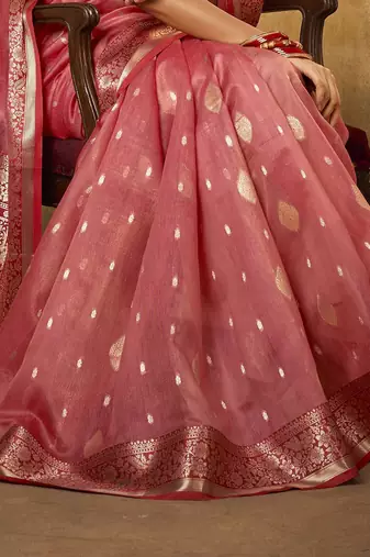 Pink ethnic motifs woven design zari banarasi saree