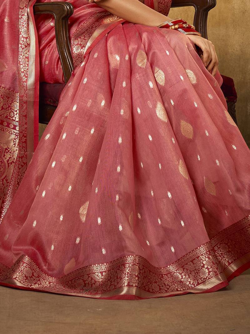 Pink ethnic motifs woven design zari banarasi saree