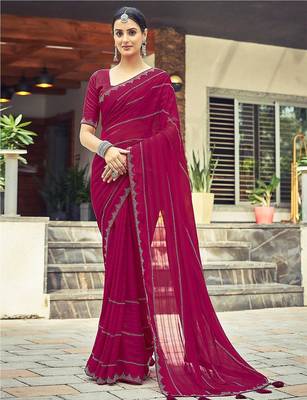Pink pink striped beads and stones georgette dyed & stone work border saree 1
