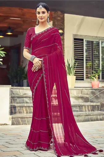 Pink pink striped beads and stones georgette dyed & stone work border saree