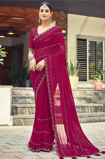 Pink pink striped beads and stones georgette dyed & stone work border saree