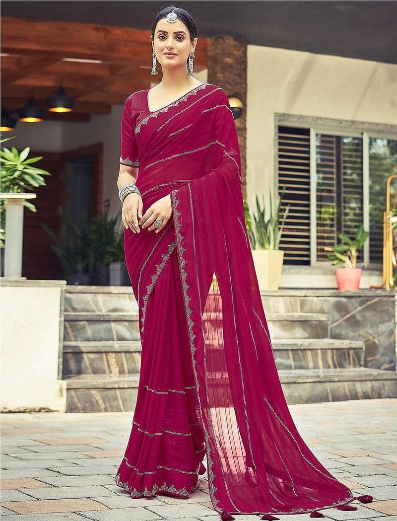 Pink pink striped beads and stones georgette dyed & stone work border saree