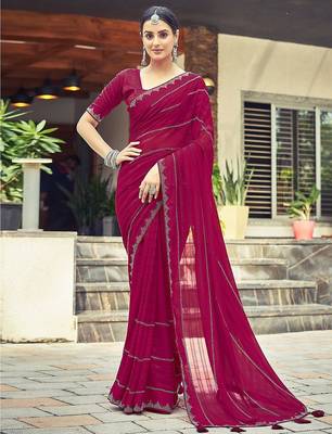 Pink pink striped beads and stones georgette dyed & stone work border saree 3