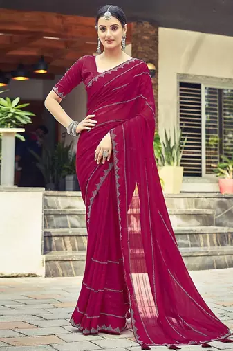 Pink pink striped beads and stones georgette dyed & stone work border saree