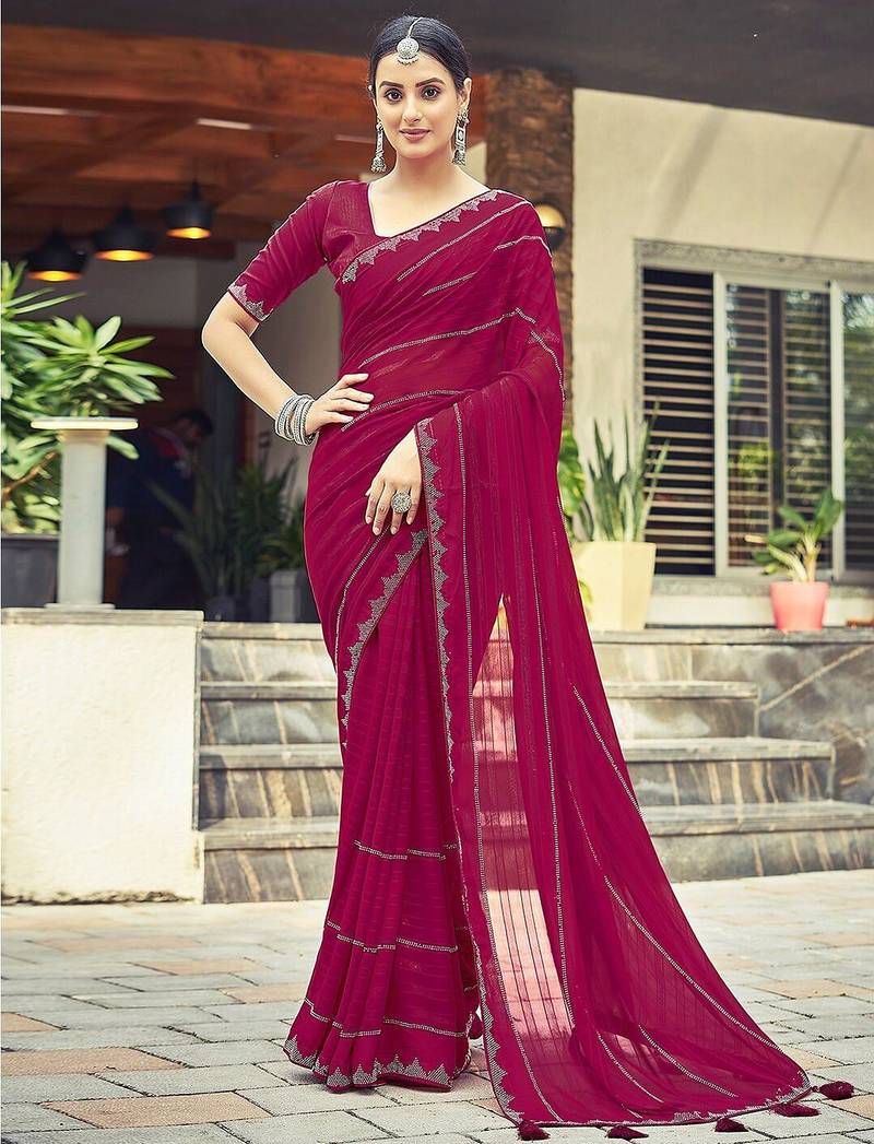 Pink pink striped beads and stones georgette dyed & stone work border saree