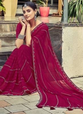 Pink pink striped beads and stones georgette dyed & stone work border saree 4