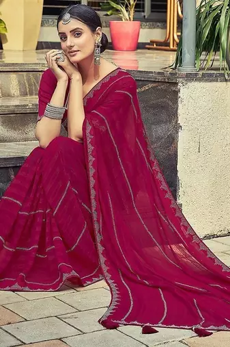 Pink pink striped beads and stones georgette dyed & stone work border saree