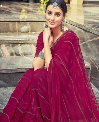 Pink pink striped beads and stones georgette dyed & stone work border saree 5