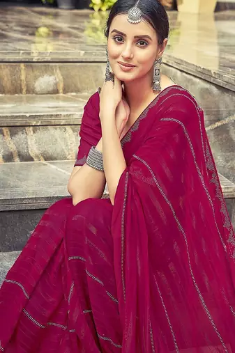 Pink pink striped beads and stones georgette dyed & stone work border saree