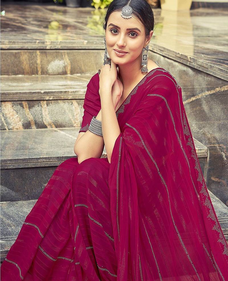 Pink pink striped beads and stones georgette dyed & stone work border saree