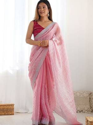 Pink striped sequinned  chiffon saree 1