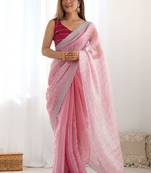 Pink striped sequinned  chiffon saree