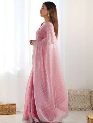 Pink striped sequinned  chiffon saree 2