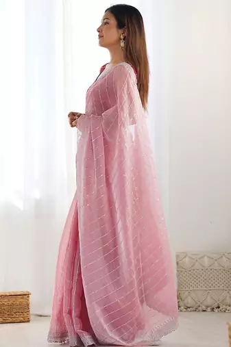 Pink striped sequinned  chiffon saree