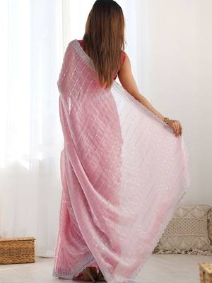Pink striped sequinned  chiffon saree 3