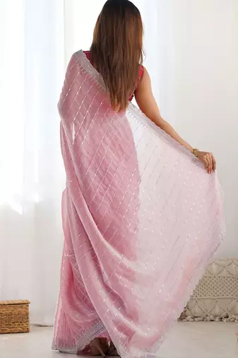 Pink striped sequinned  chiffon saree