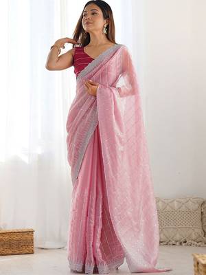 Pink striped sequinned  chiffon saree 4