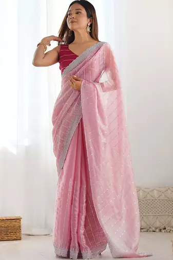 Pink striped sequinned  chiffon saree