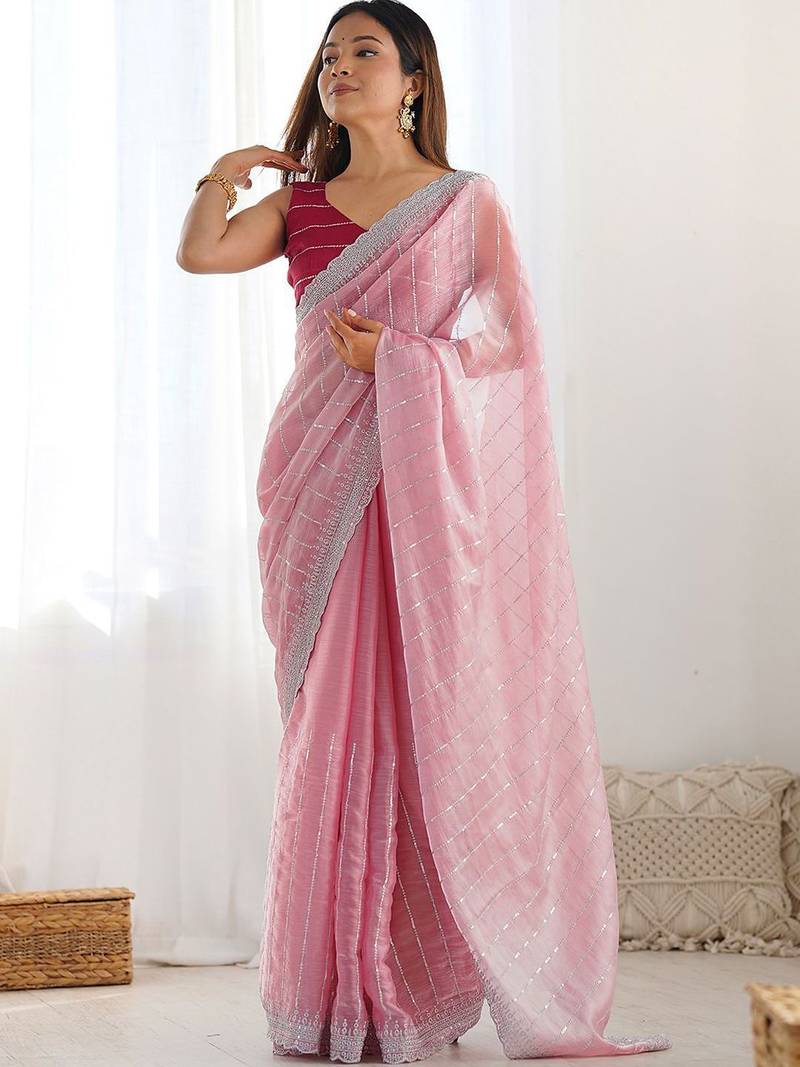Pink striped sequinned  chiffon saree