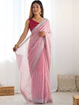 Pink striped sequinned  chiffon saree 5