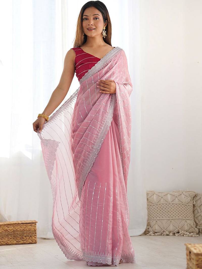 Pink striped sequinned  chiffon saree