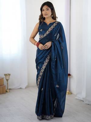 Blue embellished embroidered tissue saree 1
