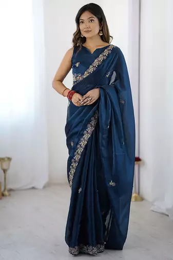 Blue embellished embroidered tissue saree