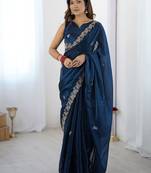 Blue embellished embroidered tissue saree