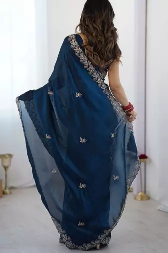 Blue embellished embroidered tissue saree