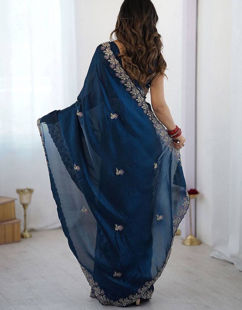 Blue embellished embroidered tissue saree