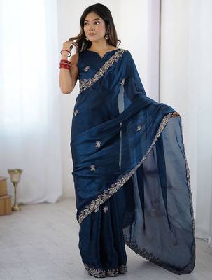 Blue embellished embroidered tissue saree 3