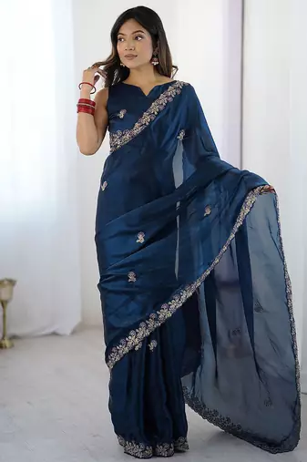 Blue embellished embroidered tissue saree