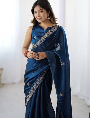 Blue embellished embroidered tissue saree 4