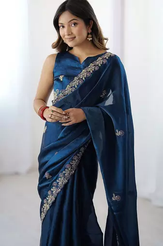 Blue embellished embroidered tissue saree