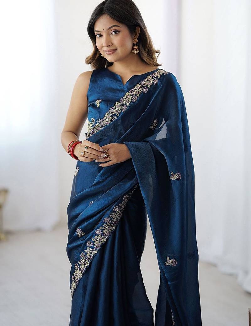 Blue embellished embroidered tissue saree