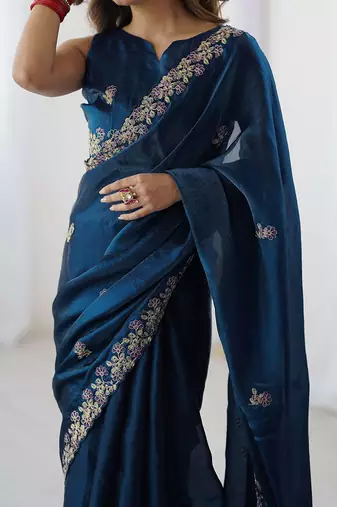 Blue embellished embroidered tissue saree