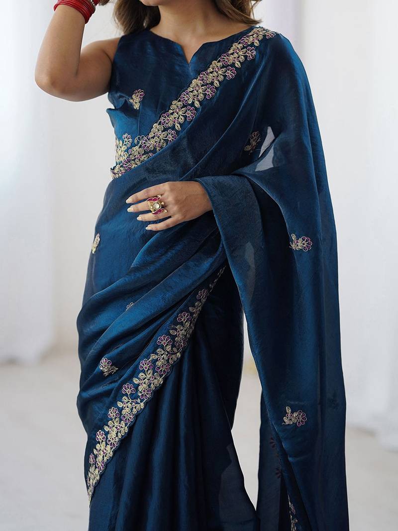 Blue embellished embroidered tissue saree