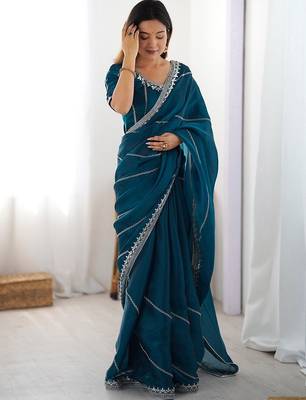 Blue floral embellished sequinned tissue saree 1
