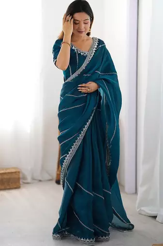 Blue floral embellished sequinned tissue saree