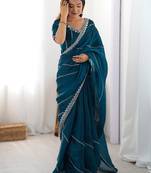 Blue floral embellished sequinned tissue saree