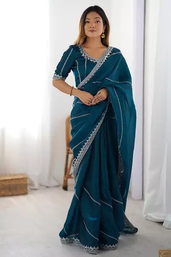 Blue floral embellished sequinned tissue saree