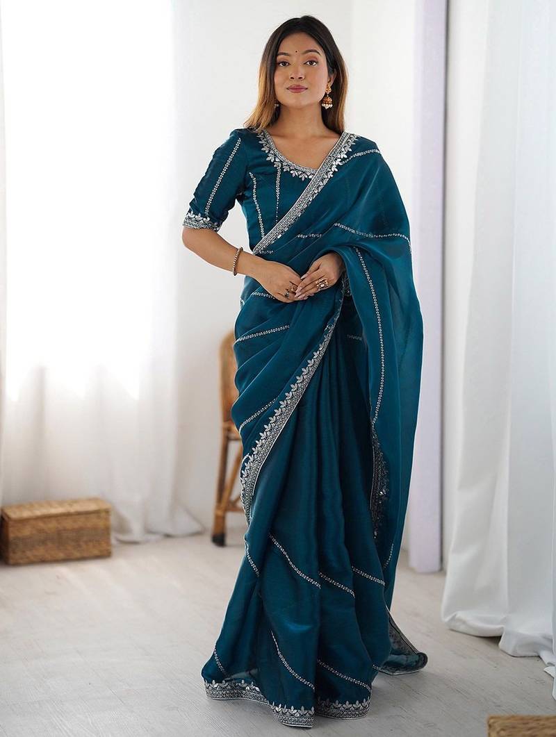 Blue floral embellished sequinned tissue saree